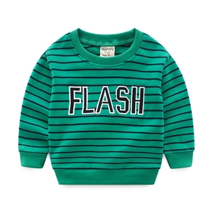 Close-up of green striped sweatshirt with black FLASH letter embroidery and ribbed collar