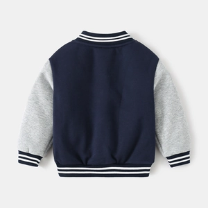 Kids navy and grey colorblock varsity jacket with striped ribbed cuffs and hem