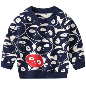 Dunkelblauer Kinder-Strickpullover mit Panda-Mustern und rotem Panda-Motiv für Jungen