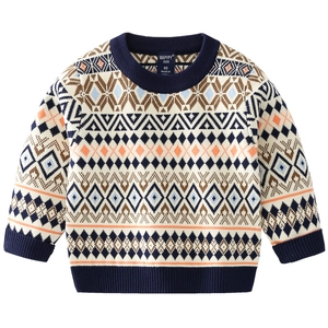 Boy's knitted Fair Isle sweater with retro geometric patterns in navy and orange