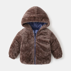 Close-up of kids hooded sherpa jacket featuring soft brown faux fur and durable front zipper