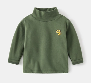 Detail of embroidered yellow dinosaur on olive green high-neck thermal kids t-shirt