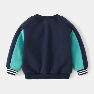 Boy's navy and green color block sweatshirt with lion cartoon design and striped cuffs
