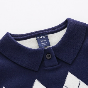 Kids' navy knit polo cardigan with white diamond pattern and button-up lapel collar