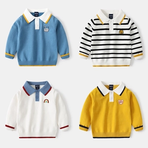 Boys Knitted Polo Sweater Cotton Blend Long Sleeve Pullover Cartoon Embroidery Striped Children Fall Winter Casual Top