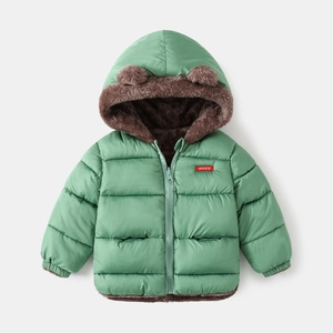 Detail of hooded kids jacket with soft faux fur lining and cute 3D bear ears on hood