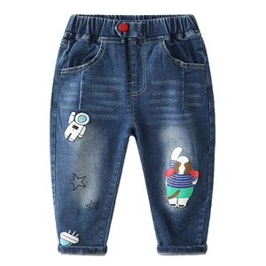 Boy's denim jeans with cartoon astronaut and dog embroidery on dark blue wash