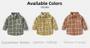 Three colors of boys plaid shirts in olive green, lemon yellow and orange colors