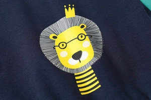 Detail of cartoon lion print with yellow crown on navy blue color-blocked boy hoodie