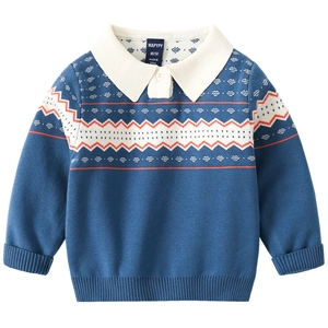Maglione lavorato a maglia blu navy per bambini con colletto crema e motivo jacquard a onde