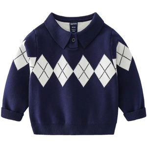 Classic navy blue kids knitted cardigan with white argyle pattern and polo collar