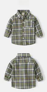 Detailed front and back view of a boys' vintage plaid long-sleeve cotton shirt