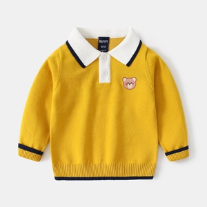 Classic yellow knit Polo sweater for boys featuring a white collar and cute bear embroidery
