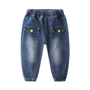Jean classique bleu foncé pour garçons avec taille élastique et boutons jaunes
