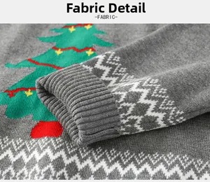Close-up of gray knit fabric with Christmas tree patterns and ribbed cuff detail