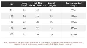 Detailed size chart for kids winter fleece sport pants showing lengths for 90-130cm height