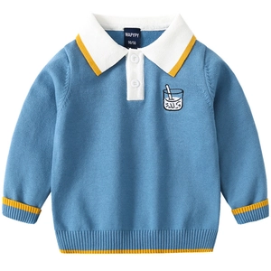 Blue knit polo sweater for boys with white contrast collar and embroidery detail