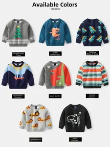 Detailed grid view showing eight colorful knitted sweaters for boys with dinosaur and lion patterns