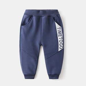 Winter children's navy fleece-lined joggers with white side block and TIMETOGO print