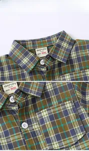 Detail view showing retro plaid patterns and white buttons on boys cotton shirt