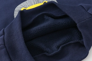 Detailed close-up of ribbed neckline and warm fleece lining on a navy lion print sweatshirt