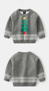 Detailed front and back view of kids gray knitted sweater with festive Christmas tree design