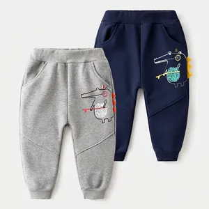 Boys Winter Fleece Lined Thickened Casual Joggers Cotton Blend Cartoon Dinosaur Pattern Elastic Waist Warm Sport Pants