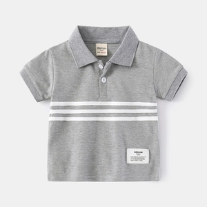 Classic grey boys cotton polo shirt with white stripes and ribbed collar for summer wear