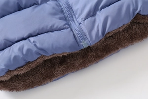 Close-up of quilted blue winter jacket with soft brown faux sheepskin lining and zipper