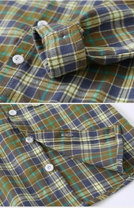 Detail of plaid cotton fabric texture with white round buttons and cuff stitching