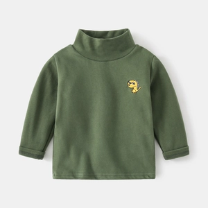 Kids warm olive green turtleneck shirt with cute yellow dinosaur embroidery detail