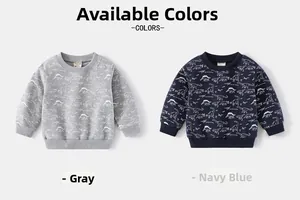 Detail of ribbed cuffs and dinosaur bone print on grey and navy cotton sweatshirts