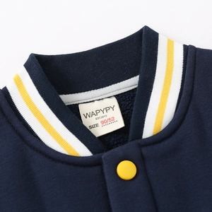 Thick fleece-lined navy blue boys' baseball jacket with yellow buttons and striped collar