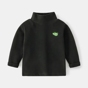 Kids black mock neck thermal long sleeve shirt with green crocodile embroidery