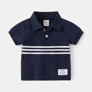 Detail of dark blue kids polo shirt featuring white stripes and a neat ribbed collar