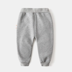 Fleece-lined grey dinosaur joggers for boys featuring orange sawtooth side trim details