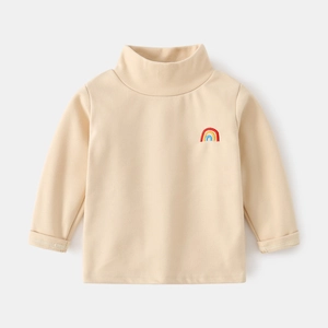 Cream children's high-neck long sleeve thermal top with a rainbow embroidery detail