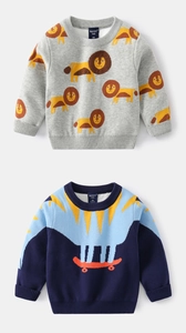 Detailed knit texture of children crewneck sweaters with lion and elephant patterns