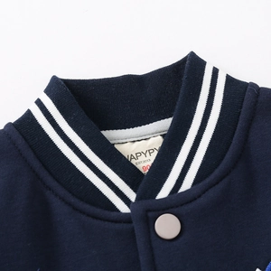 Thick navy blue boys baseball jacket with a contrast ribbed collar and fleece lining