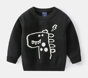 Detail of child's black knit sweater with white dinosaur graphics and ribbed neckline