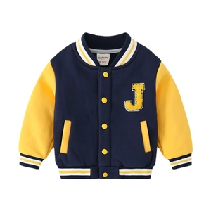 Boys' navy and yellow varsity jacket with letter J embroidery and snap buttons
