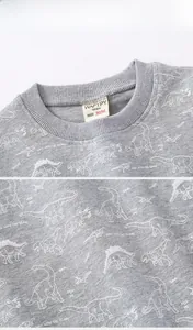 Close-up of children's grey sweatshirt featuring ribbed collar and dinosaur print details