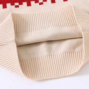 Kids vintage beige striped knit sweater with red pixel pattern and ribbed cuffs
