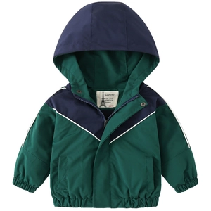 Children's hooded windbreaker jacket with dark green and blue contrast color blocks