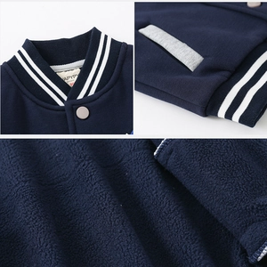 Kids navy blue baseball jacket with thick fleece lining and striped rib collar detail