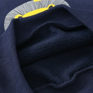 Navy blue boys' thick fleece sweatshirt featuring a cute cartoon lion print and ribbed collar