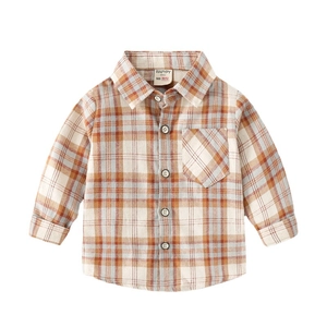 Chemise à carreaux manches longues pour enfant en coton orange et blanc avec poche