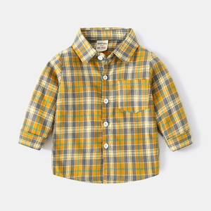 Classic yellow and grey plaid long sleeve cotton shirt for boys with front buttons and pocket