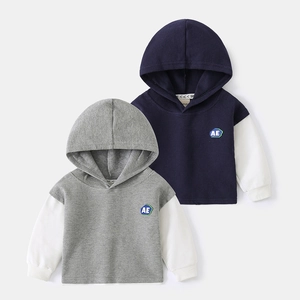 Sweat-shirt à Capuche en Maille Gaufre pour Garçons Couleur Contrastée Manches Longues Mélange de Coton Haut Décontracté