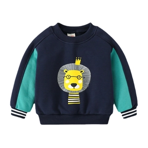 Boys color-block lion print sweatshirt with navy body and turquoise ribbed sleeves